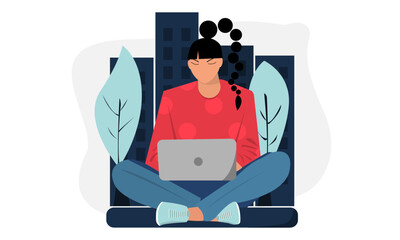 Women with a Laptop, Flat Illustration, Vector, Isolated, Business Woman, Work Online, Studying, Silhouette, Workplace, Character, Notebook, Freelance, Couch