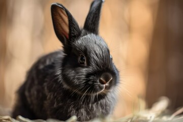 Obraz premium a small black rabbit on a light wooden background. Generative AI