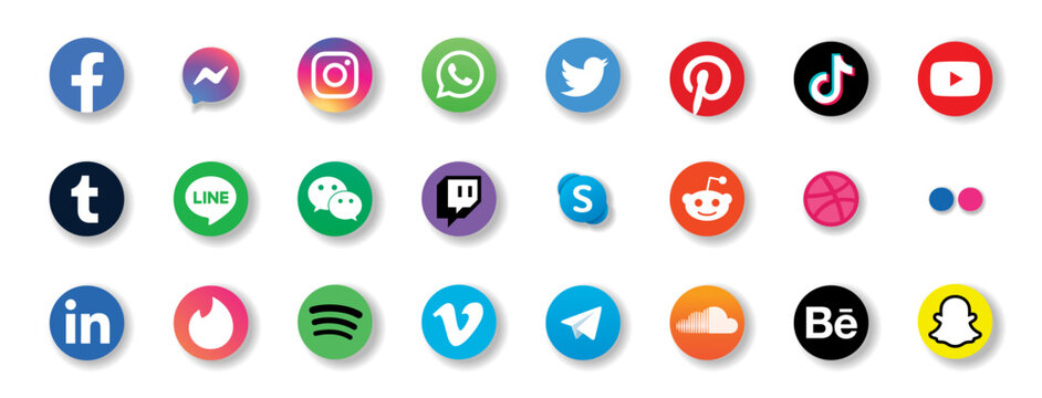 Set of realistic social media icons. Social network vector symbols. Facebook, Twitter, Instagram, Tiktok, Whatsapp, Pinterest, Youtube, Xing, Google, Telegram, Discord, Linkedin. Vector illustration