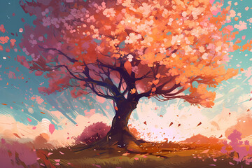 A cherry blossom tree in full bloom with petals. digital art illustration. generative AI.