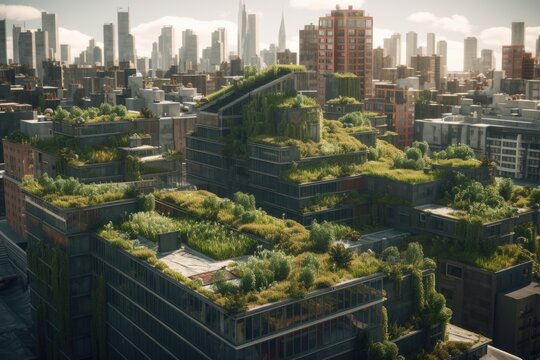 City skyline with green rooftops. The concept of Earth Day. Eco, environment protection. Generated Ai