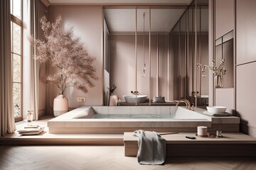 Bathroom, Contemporary Japandi, Minimalist, Scandinavian Interior Design with Clean Lines, Natural Lighting, and Soft Neutral Colors. Hygge architecture. Generative A