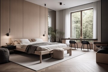 Double Bedroom, Contemporary Japandi, Minimalist, Scandinavian Interior Design with Clean Lines, Natural Lighting, and Soft Neutral Colors. Hygge architecture. Generative AI