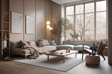 Living Room, Contemporary Japandi, Minimalist, Scandinavian Interior Design with Clean Lines, Natural Lighting, and Soft Neutral Colors. Hygge architecture. Generative AI