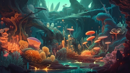 A surreal underwater world with exotic creatures. digital art illustration. generative AI.