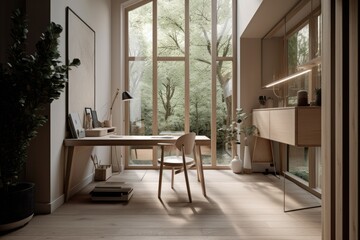 Home Office, Contemporary Japandi, Minimalist, Scandinavian Interior Design with Clean Lines, Natural Lighting, and Soft Neutral Colors. Hygge architecture. Generative AI