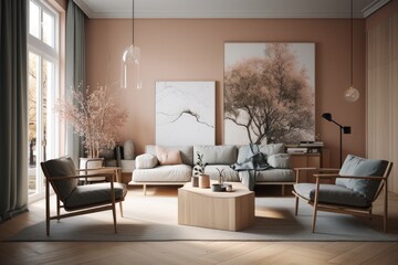 Living Room, Contemporary Japandi, Minimalist, Scandinavian Interior Design with Clean Lines, Natural Lighting, and Soft Neutral Colors. Hygge architecture. Generative AI