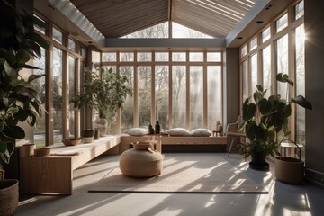 Conservatory, Contemporary Japandi, Minimalist, Scandinavian Interior Design with Clean Lines, Natural Lighting, and Soft Neutral Colors. Hygge architecture. Generative AI