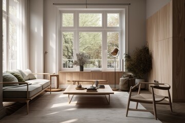 Living Room, Contemporary Japandi, Minimalist, Scandinavian Interior Design with Clean Lines, Natural Lighting, and Soft Neutral Colors. Hygge architecture. Generative AI
