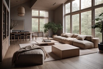 Fototapeta na wymiar Living Room, Contemporary Japandi, Minimalist, Scandinavian Interior Design with Clean Lines, Natural Lighting, and Soft Neutral Colors. Hygge architecture. Generative AI