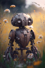 Cute little robot in the flowers, high resolution wallpaper, 4k background.