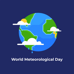 Poster dedicated to the World Meteorological Day, on a dark background. Silhouette of the Earth from space, weather clouds. Holiday on March 23