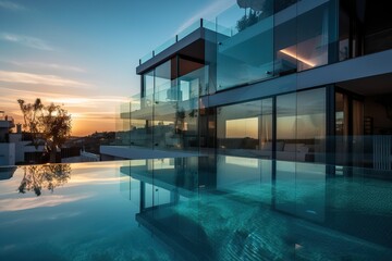 Obraz premium Contemporary villa with pool and garden at blue hour, generative ai
