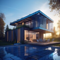 Contemporary villa with pool and garden at blue hour, generative ai