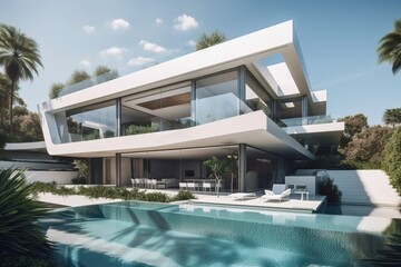 Contemporary villa with pool and garden in a sunny day, generative ai - obrazy, fototapety, plakaty