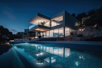 Fototapeta na wymiar Contemporary villa with pool and garden at blue hour, generative ai