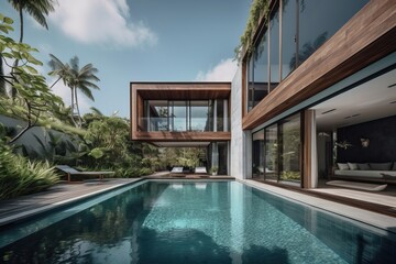 Fototapeta premium Contemporary villa with wood and concrete in a lush tropical garden, generative ai