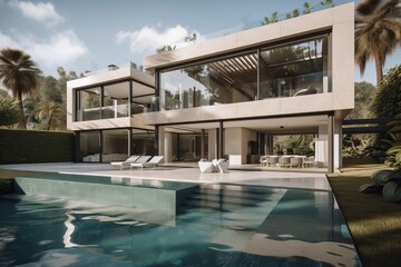 Fototapeta premium Contemporary villa with pool and garden in a sunny day, generative ai