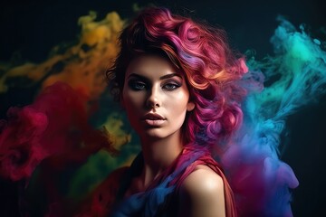 Fototapeta premium Fashion art portrait of beautiful model, woman in bright neon lights with colorful smoke - generative ai 