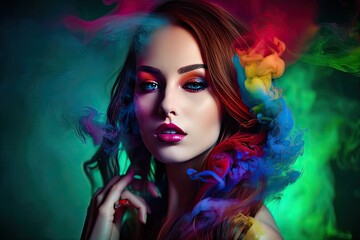 Fashion art portrait of beautiful model, woman in bright neon lights with colorful smoke - generative ai	