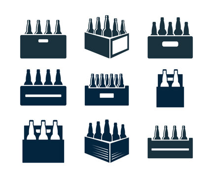 Beer box icon set. Crate with beer bottles isolated over white