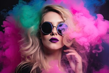 Fashion art portrait of beautiful model, woman in bright neon lights with colorful smoke - generative ai