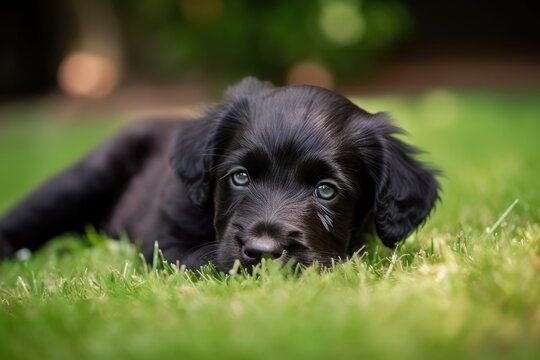 A Little Black Dog Puppy Lies On The Grass. Generative AI