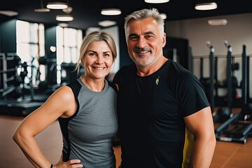Fototapeta na wymiar Portrait of posing active senior couple exercising in gym club together - generative ai