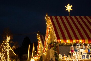 Regular horizontal shot of colorful booths decorated by lights in a Christmas attraction park