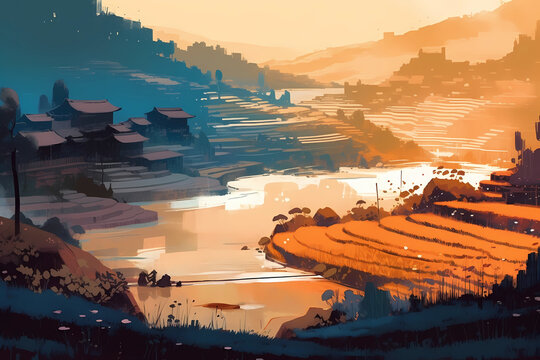 Terraced Rice Fields of Yunnan in ancient China. digital art illustration. generative AI.