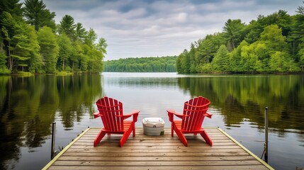 Two red adirondack chairs on a wooden dock on a lake - generative ai