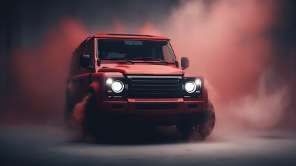 Fototapeta na wymiar red 4x4 sport car wallpaper on smoke background Generative AI