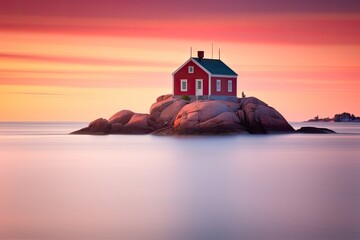 Beautiful idyllic island in the Nordic archipelago with a cute red cottage, Norwegian architecture - generative ai