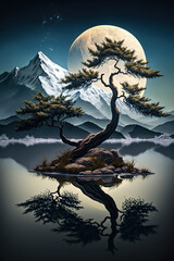 Fototapeta premium Fantasy tree in isle in the lake, with mountains on the background at night. High resolution wallpaper