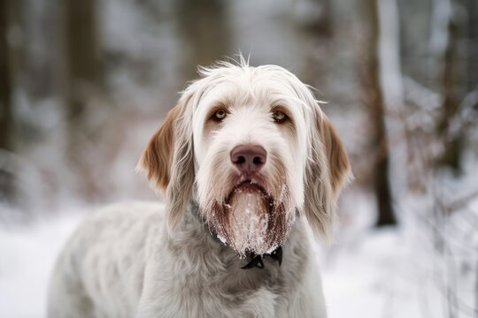 A white juvenile wire haired dog of the spinone italiano breed is depicted in a portrait, standing in front of a wintery forest backdrop. Generative AI
