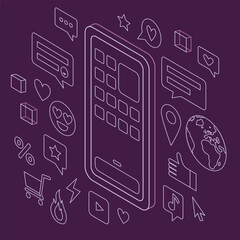 Smartphone screen with application menu in isometric, outline style. Online social communication, variety of phone functions concept. Trendy vector illustration on a purple background.