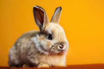 Obraz premium On a yellow background, a cute baby bunny. Young and adorable bunny in motion. Beautiful pet with a fluffy hai in a fluffy black and white hare. Generative AI