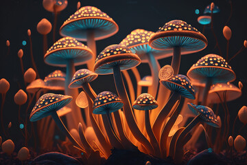 Illustration of wonderful orange mushrooms in the dark forest, atumn, high resolution wallpaper, AI Generated.