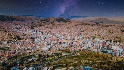 Aerial Drone Fly Above La Paz, Bolivia, night sky nightlife 