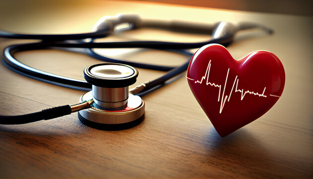 Stethoscope red heart and cardiogram on table World Health Day Concept Ai generated image