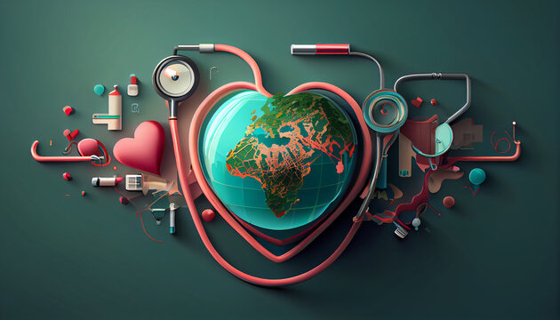 World health day concept world map heartbeat Concept Ai generated image