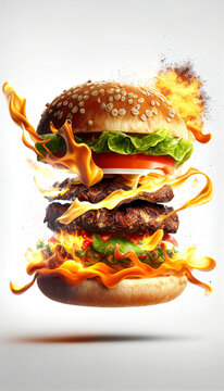 Hot and Fresh tasty delicious grilled hamburger. Ai generated.