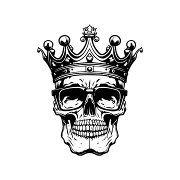 A collection of Hand drawn, black and white line art illustrations featuring a smiling skull wearing a regal crown
