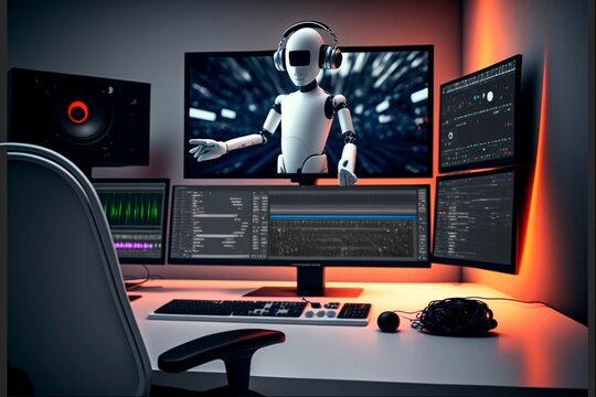 Illustration of the white robot in the computer and four other monitors.