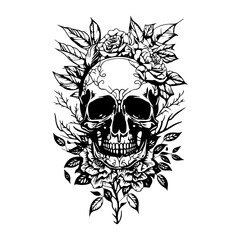 A skull head adorned with intricate flowers and leaves, depicted in a detailed black and white line art hand drawn illustration