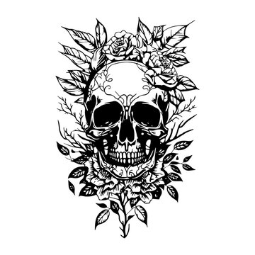 A skull head adorned with intricate flowers and leaves, depicted in a detailed black and white line art hand drawn illustration