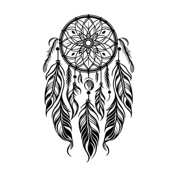 A Hand drawn illustration of a dream catcher with feather and bead details in black and white line art