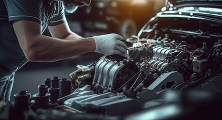 Fototapeta na wymiar repairman hands repairing a car engine automotive workshop with a wrench, Automobile mechanic car service and maintenance, Repair service 