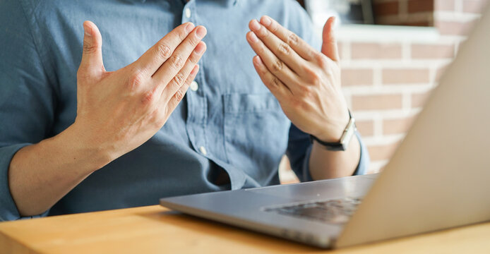 Close Up Man Hand Gesture About Happy Sign Language To Teaching Or Learning From Webinar In Home For Lifestyle Concept