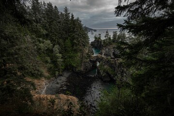 Fototapeta na wymiar Dark woods and cliffs on a cloudy day. Samuel H. Boardman State Scenic Corridor, Oregon, USA.